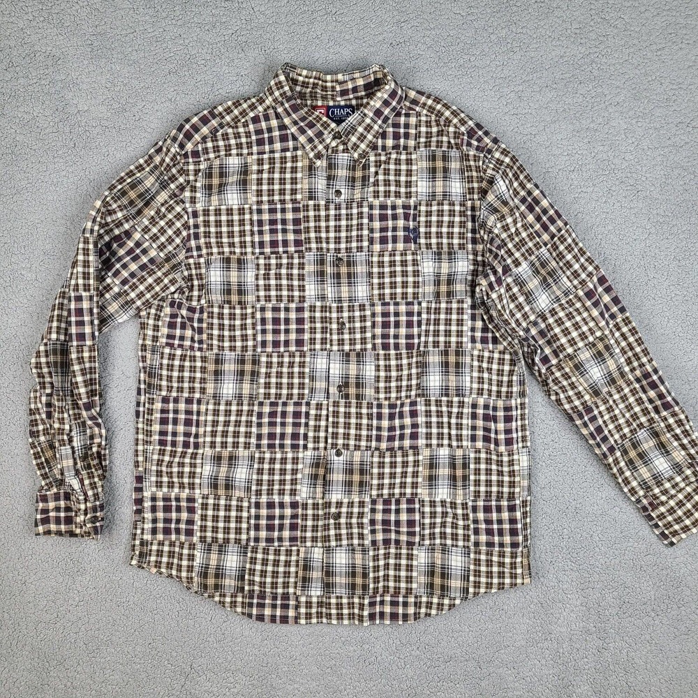 Chaps Shirt Men's Large Patch Plaid Button Down‎ Long Sleeve Sleeve